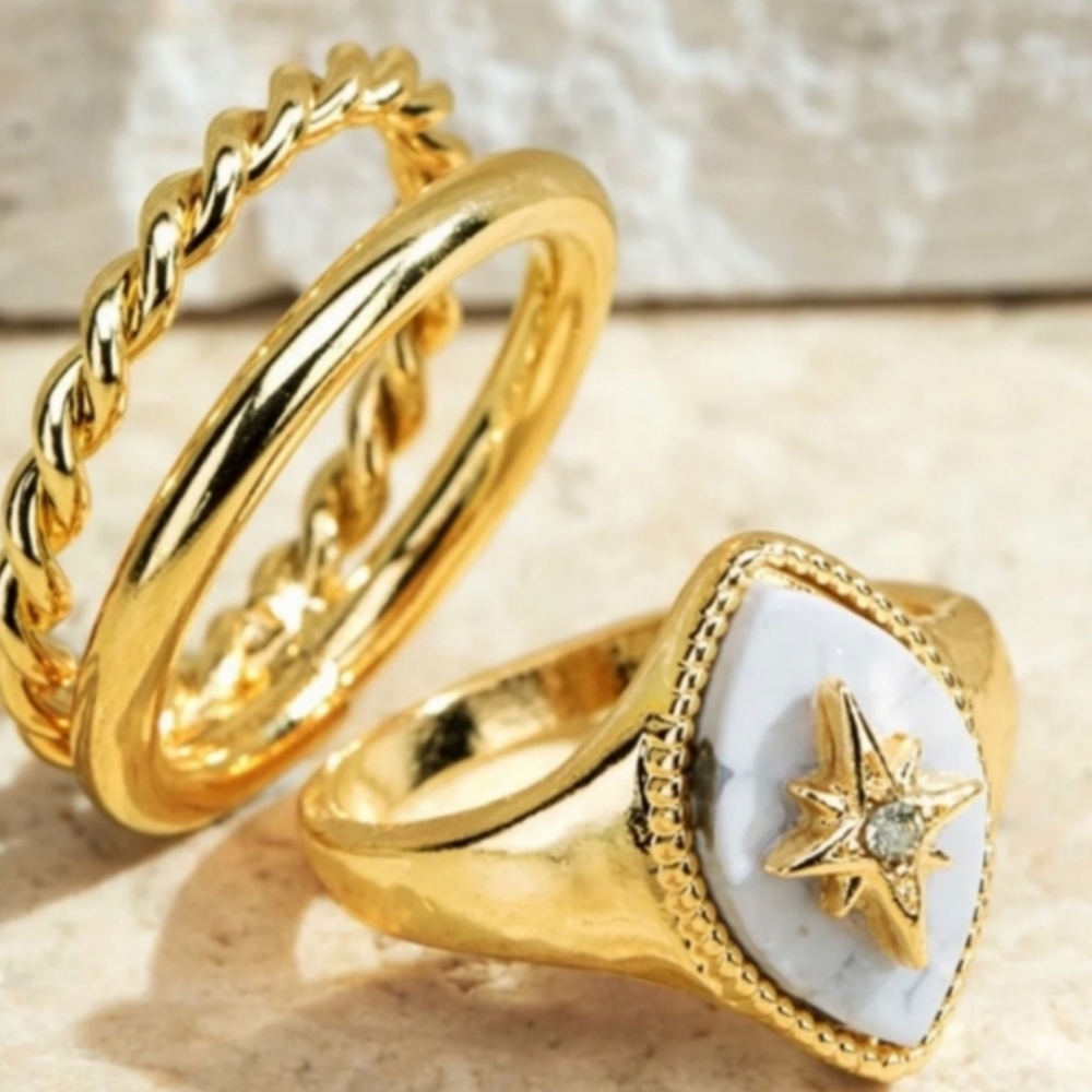 Jet Howlite White Natural Stone & Metal Ring Set